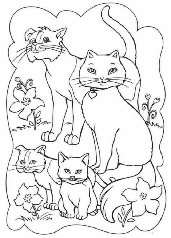 Название: Раскраска Рисунок семейства кошем на лугу. Категория: домашние животные. Теги: кошка, кот.
