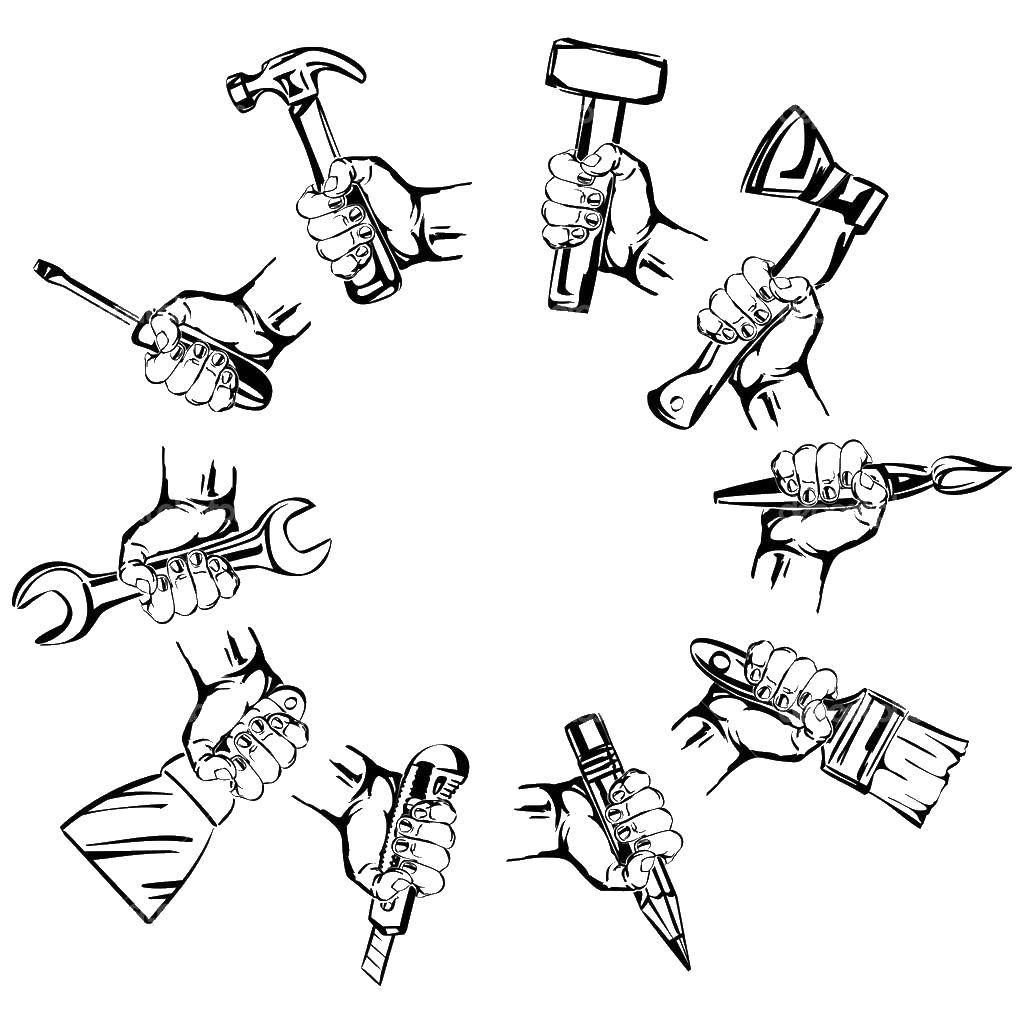 Coloring Hands holding tools. Category building tools. Tags:  Builder, tools, building.