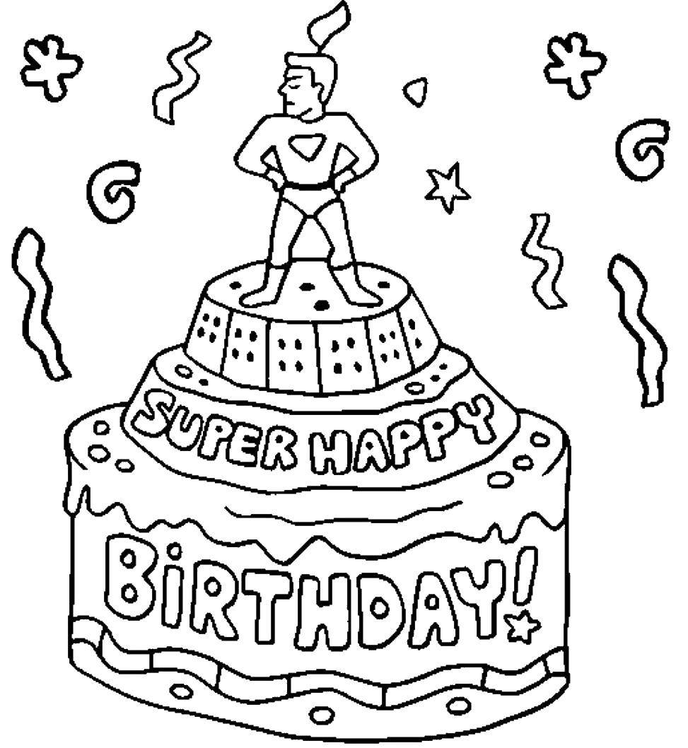 Название: Раскраска Тортик с суперменом. Категория: день рождения. Теги: торт, конфити.