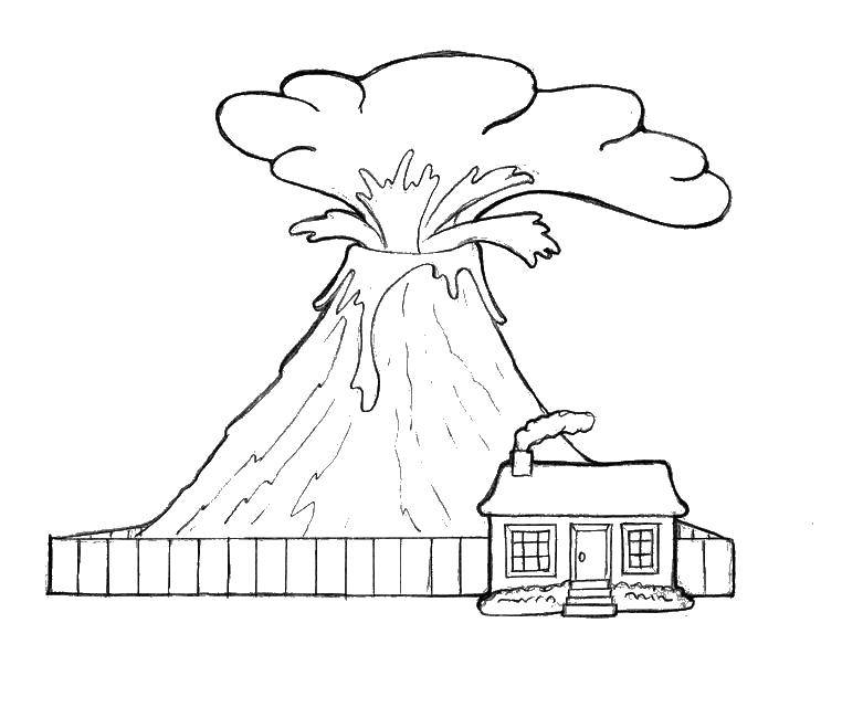 Название: Раскраска Вулкан с домиком. Категория: Вулкан. Теги: вулкан, гора, дом, .