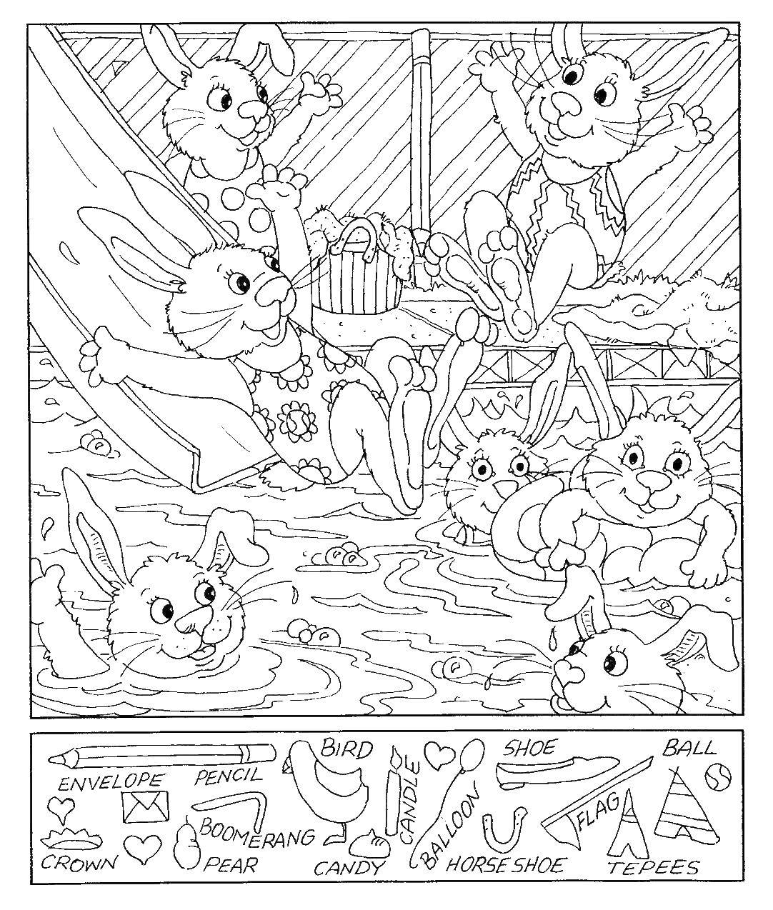 Coloring Bunnies on a picnic. Category Find what is hidden. Tags:  picnic, hares, swim, fun birds.
