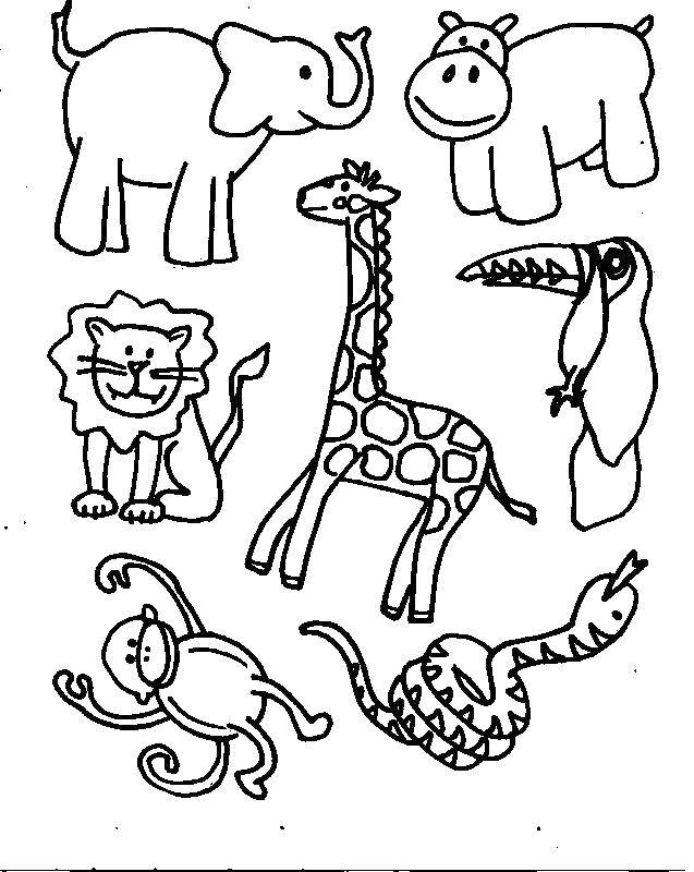 Название: Раскраска Животные. Категория: дикие животные. Теги: дикие животные, слоник, жираф, обезъяна, лев, бегемот, птица, змея.