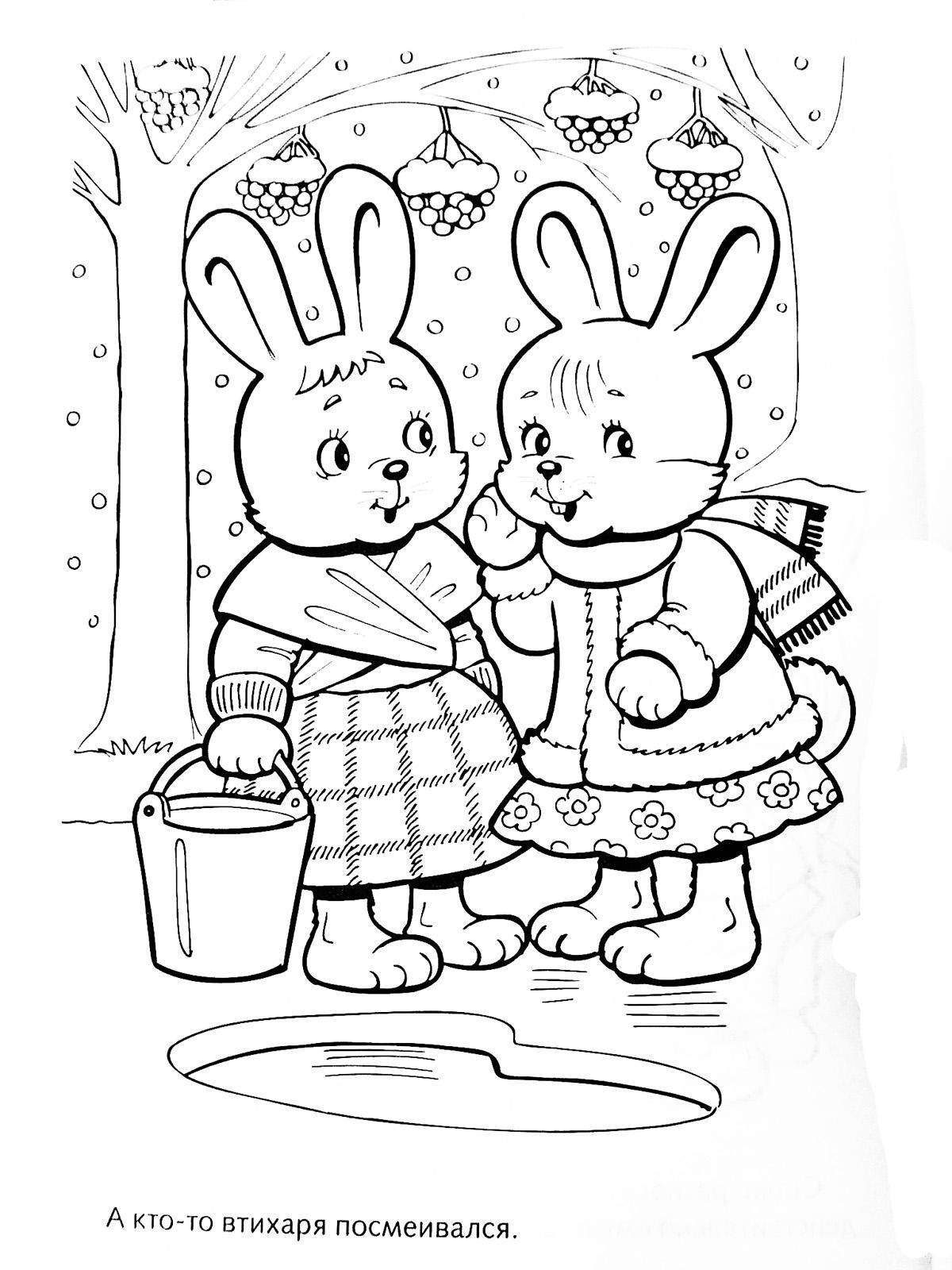 Розмальовки  Малюнок зайчиків у зимовому лісі. Завантажити розмальовку заєць, кролик.  Роздрукувати ,домашні тварини,