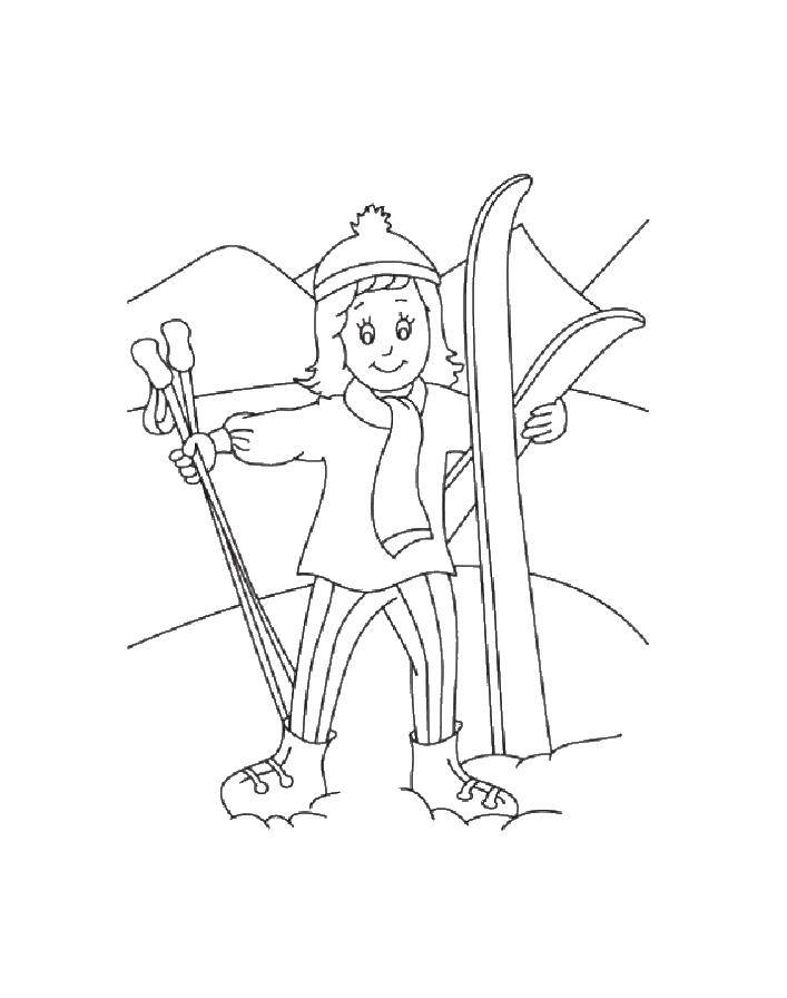 Название: Раскраска Девочка с лыжами. Категория: лыжи. Теги: лыжи, девочка, зима.