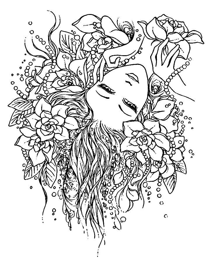 Название: Раскраска Девушка с цветами в волосах. Категория: раскраски для девочек. Теги: Девушка, цветы.