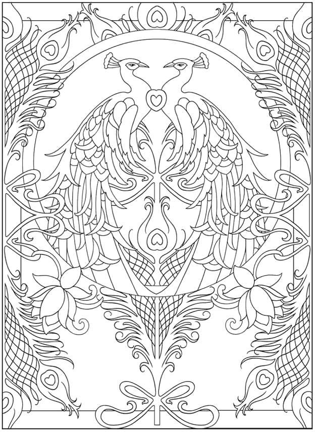 Coloring Two peacocks made of flowers. Category patterns. Tags:  Patterns, geometric, peacock.