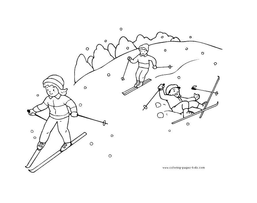Название: Раскраска Катание на лыжах со склона зимой. Категория: лыжи. Теги: Спорт, лыжи.