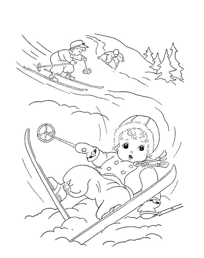 Coloring Skiers in the mountains. Category skiing. Tags:  skiing, mountain, children.