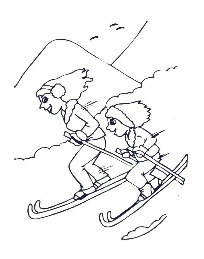 Название: Раскраска Мама с дочкой катаются на лыжах. Категория: лыжи. Теги: лыжи, зима, семья.