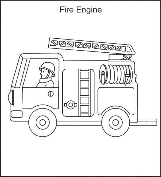 Название: Раскраска Пожарный спешит на пожар. Категория: Огонь. Теги: огонь, пожар, пожарный, пожарная машина.