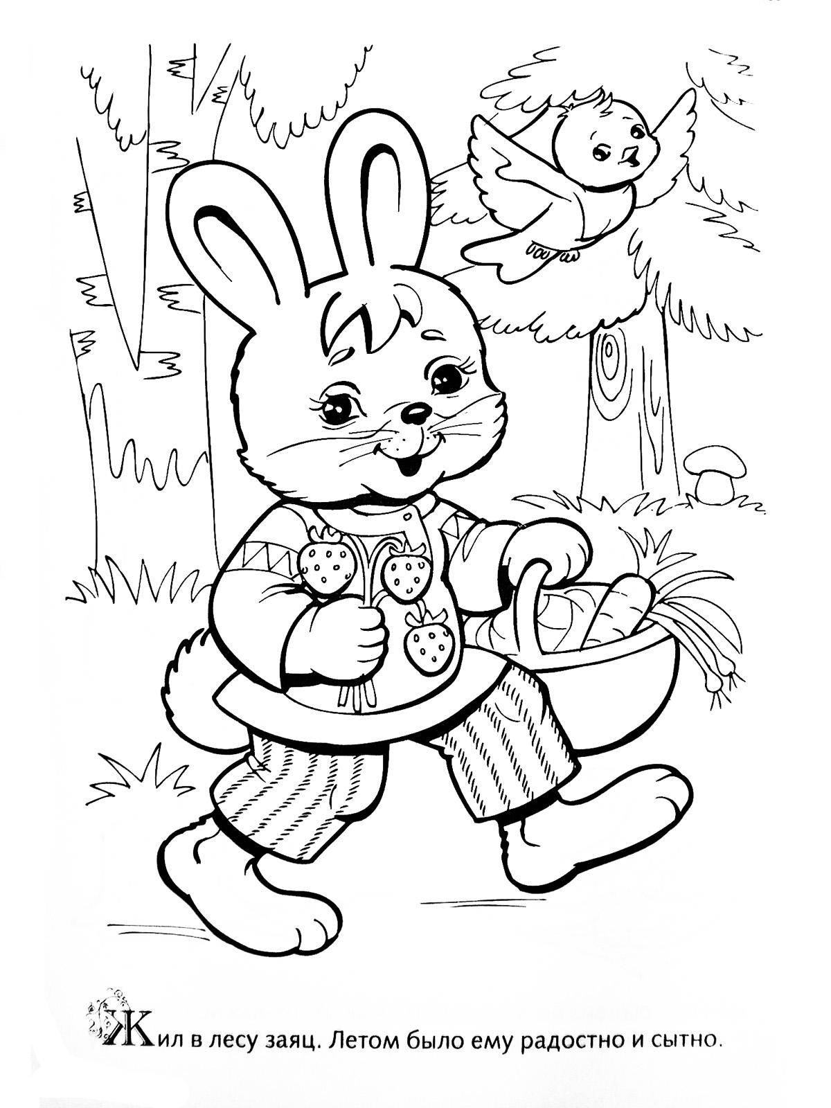 Название: Раскраска Рисунок зайца с фруктами и овощами в лесу. Категория: домашние животные. Теги: заяц, кролик.