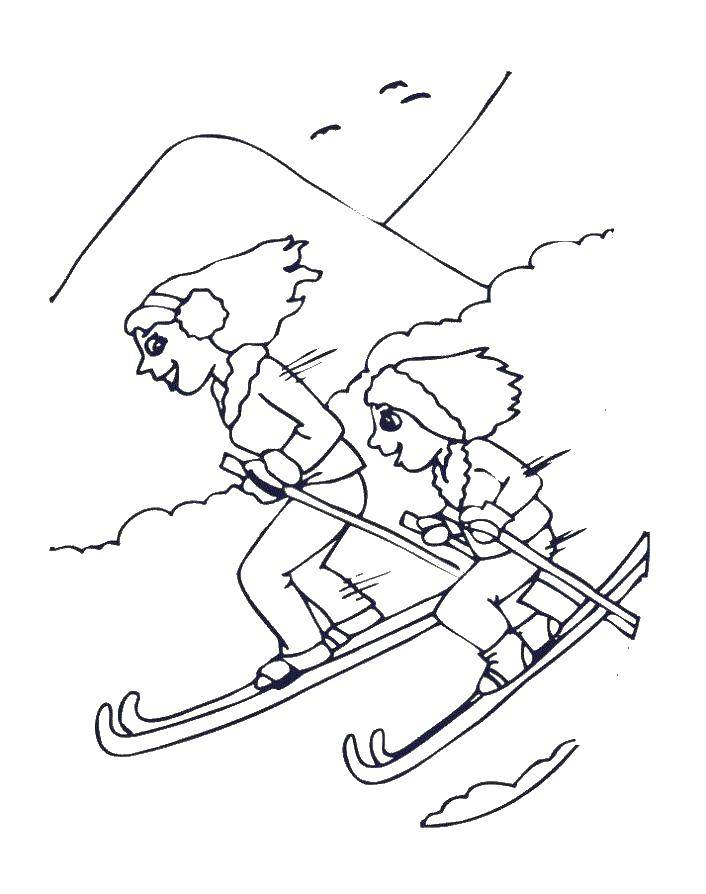 Название: Раскраска Семья на лыжах. Категория: лыжи. Теги: лыжи, зима, горы, семья.