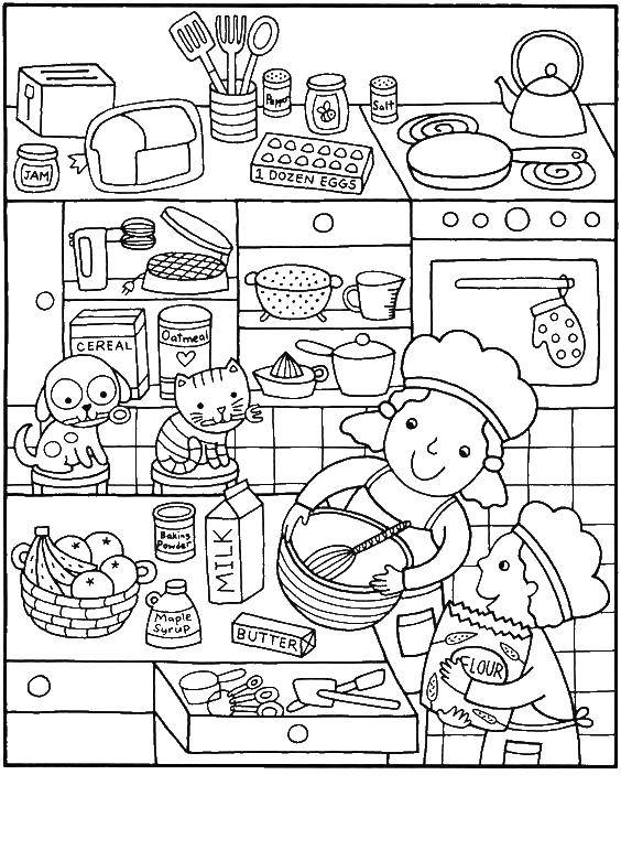 Название: Раскраска Дети готовят на кухне. Категория: Кухня. Теги: кухня, дети.