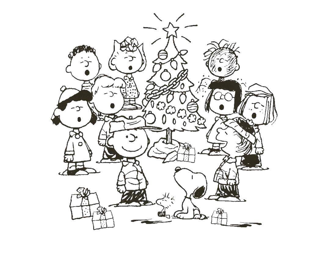 Название: Раскраска Дети у рождественской елки. Категория: рождество. Теги: елка, новый год.