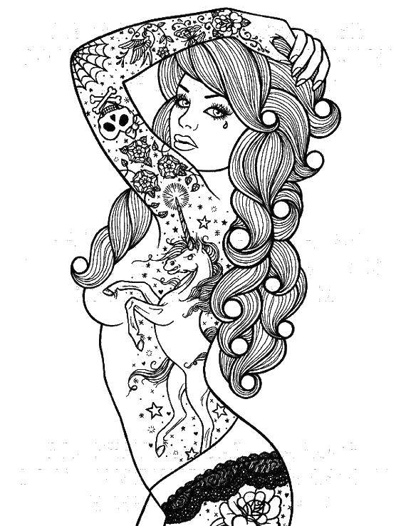 Coloring The girl with the unicorn tattoo. Category girl. Tags:  girl, tattoo.