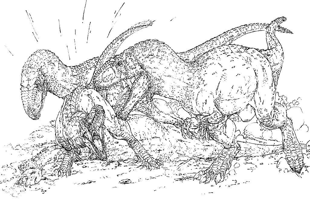 Coloring Dinosaurs fighting for food. Category dinosaur. Tags:  dinosaurs.
