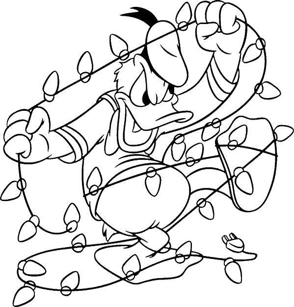 Coloring Donald and Christmas garland. Category Christmas. Tags:  Donald duck, Mickey mouse.