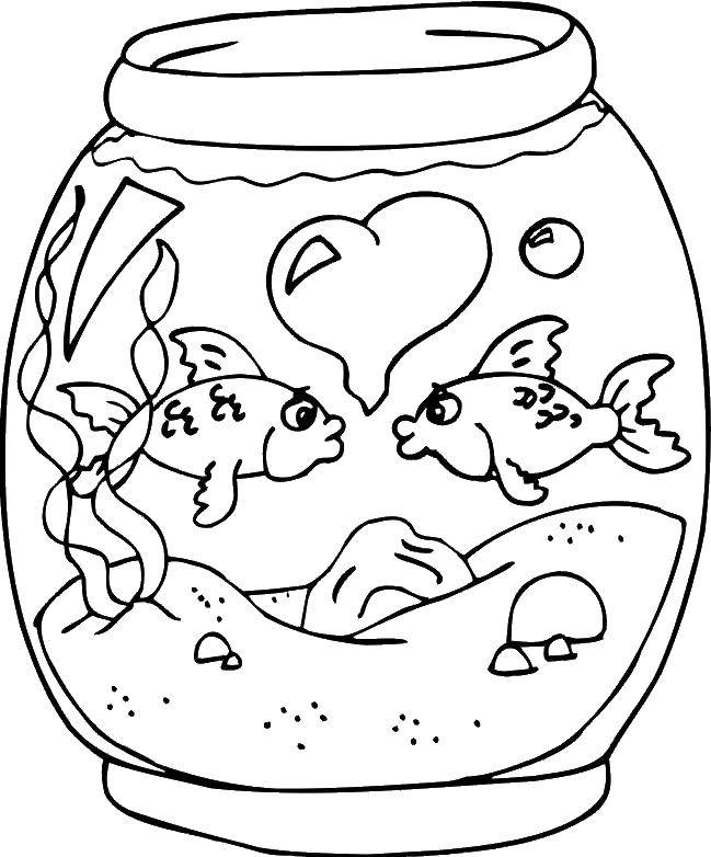 Название: Раскраска Две рыбки в аквариуме. Категория: День святого валентина. Теги: рыбки, вода.