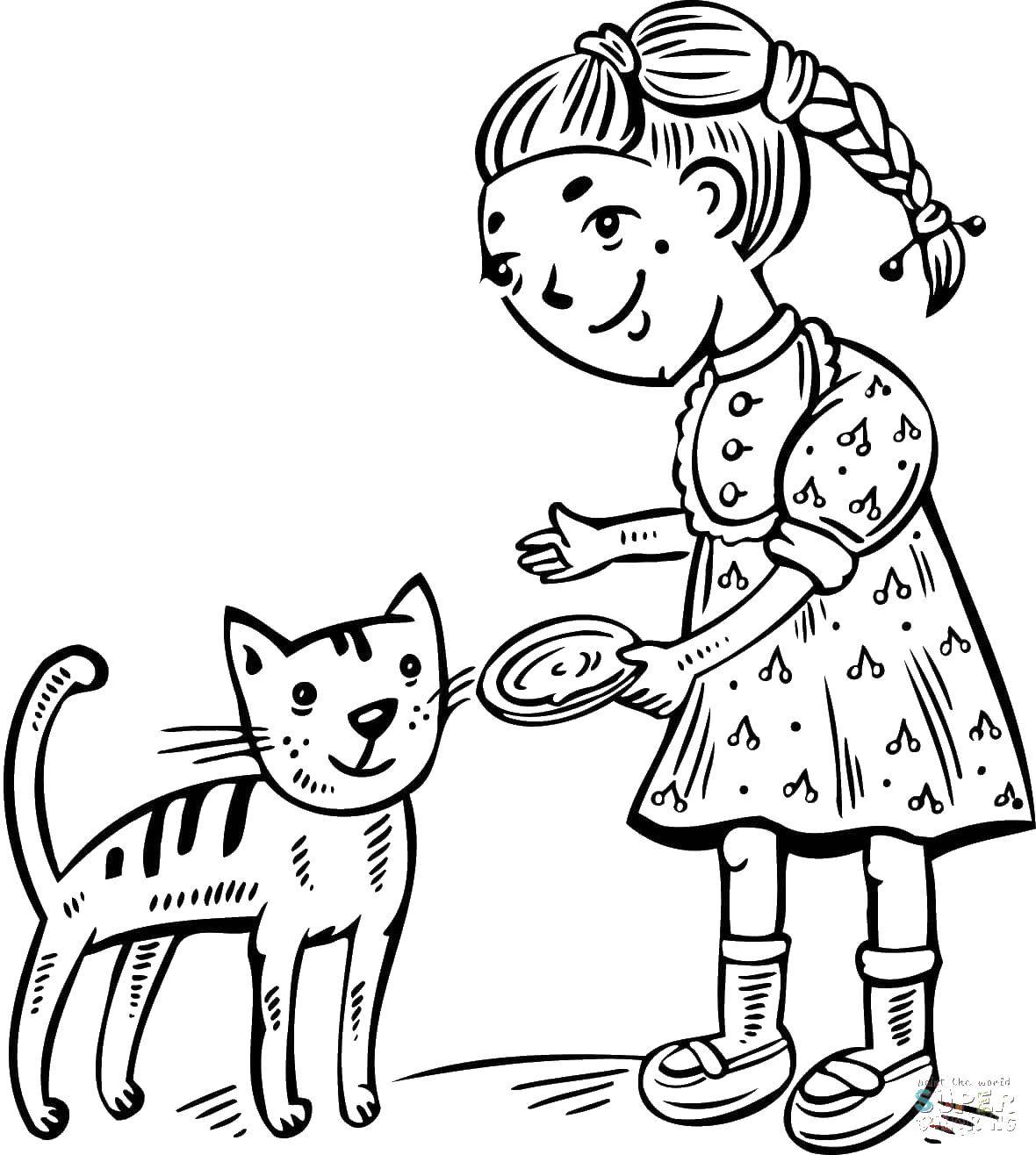 Название: Раскраска Хозяйка кормит своего котёнка. Категория: Животные. Теги: Животные, котёнок.
