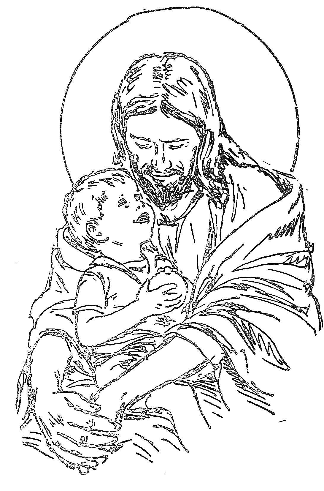 Название: Раскраска Иисус держит ребенка. Категория: Религия. Теги: иисус, библия, дети.