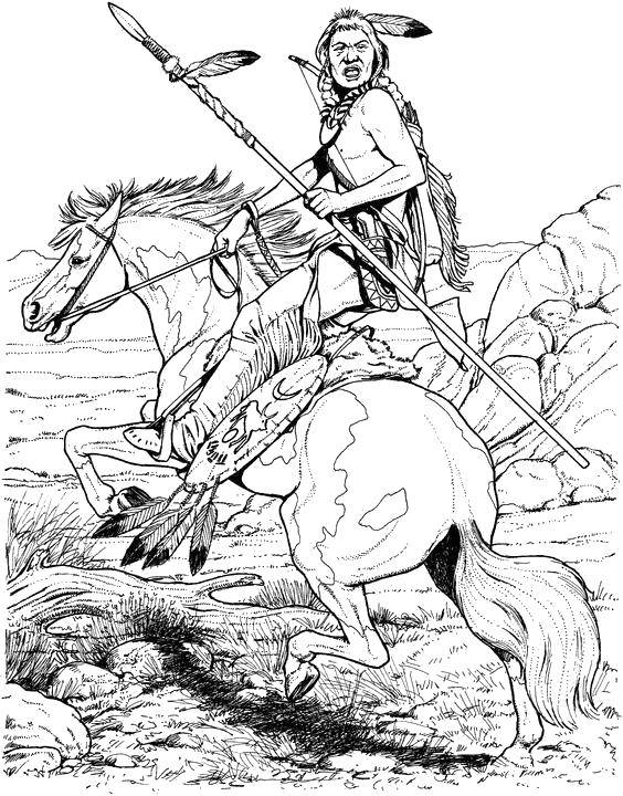 Coloring Indian with spear on horse. Category the Indians. Tags:  The Indian.