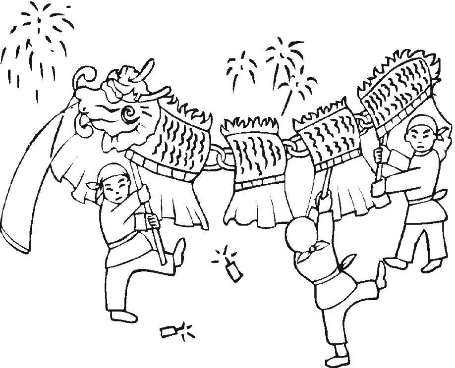 Название: Раскраска Китайский бумажный дракон. Категория: китай. Теги: китай, дракон.