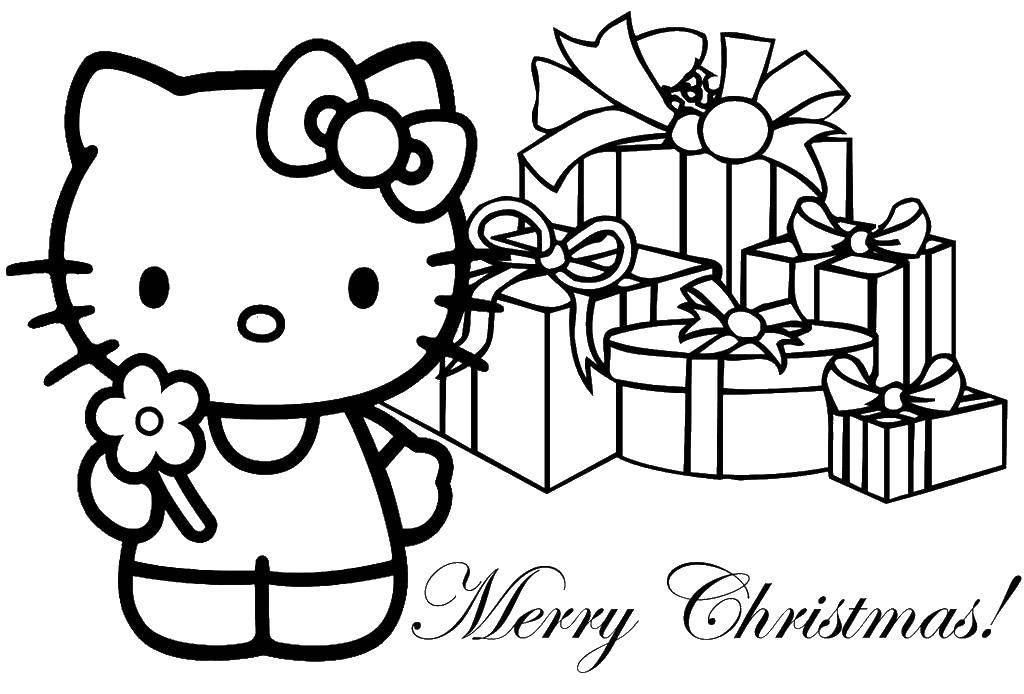 Название: Раскраска Китти с подарками на рождество. Категория: рождество. Теги: рождество, елка, санта, китти.