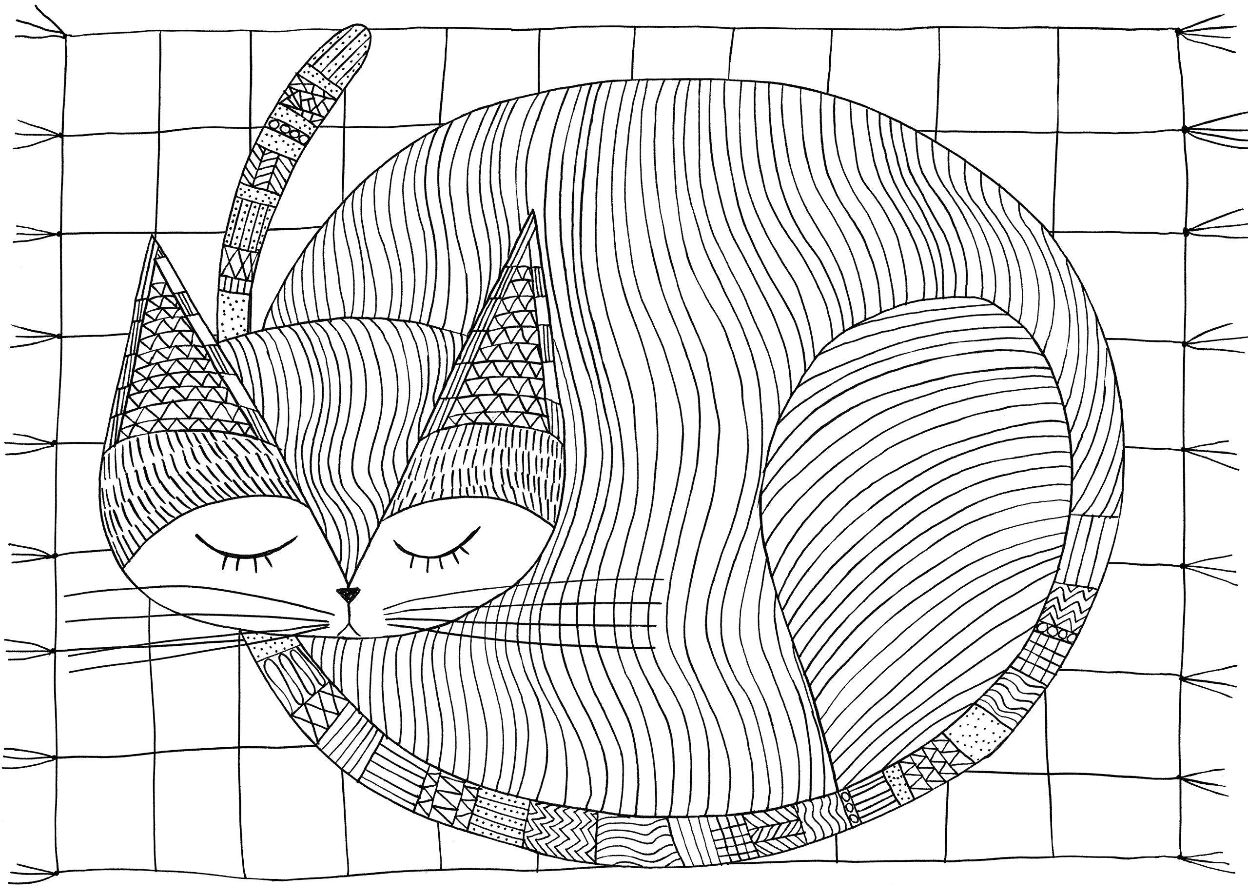 Название: Раскраска Кот из геометрических узоров спит на ковре. Категория: узоры. Теги: Узоры, геометрические, животные , кот.