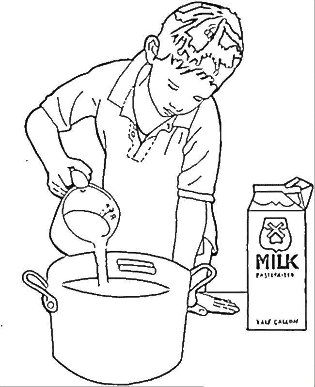 Название: Раскраска Мальчик наливает в кастрюлю молоко. Категория: дети. Теги: дети, мальчик, молоко, готовка.