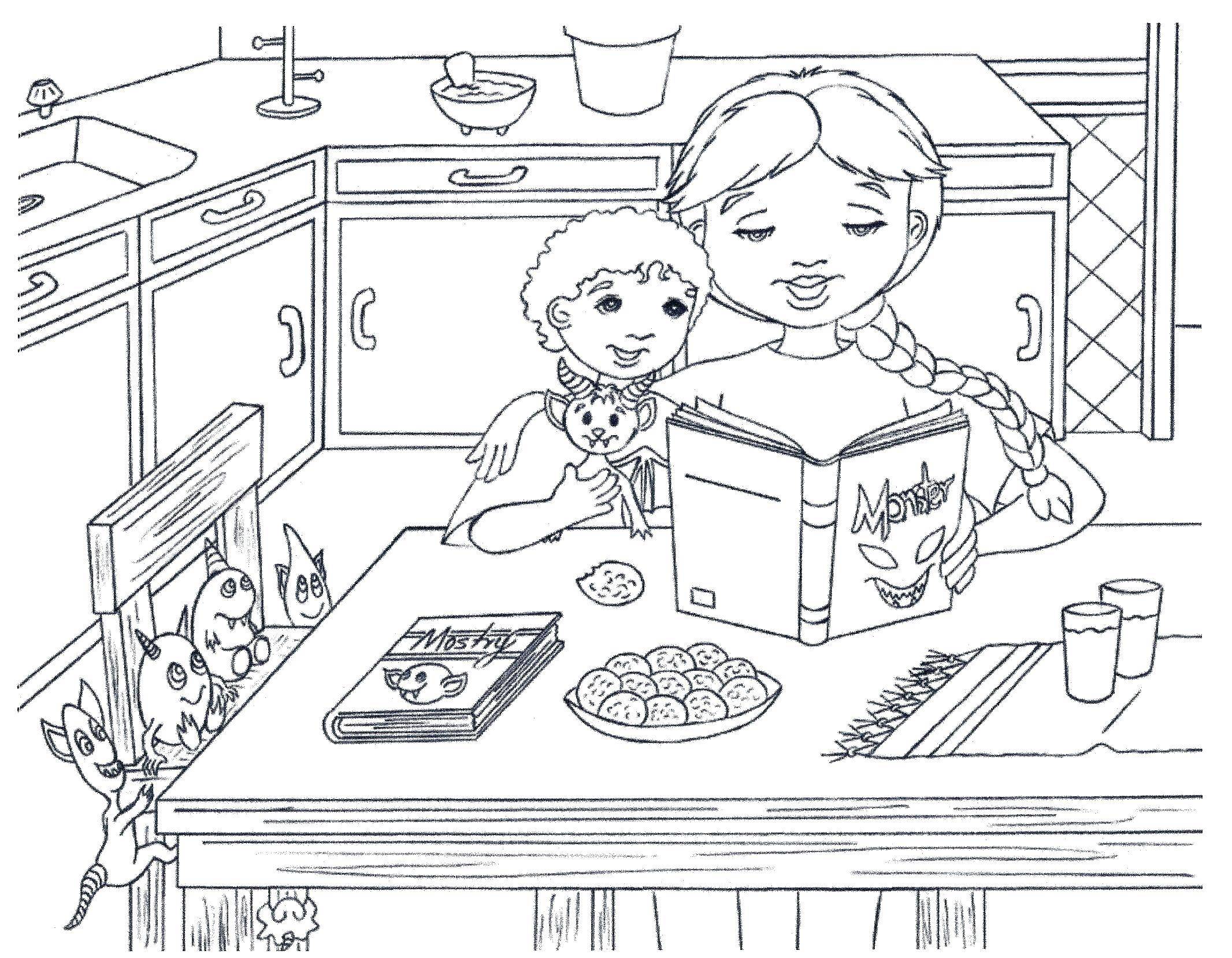 Название: Раскраска Мама читает книгу сыну на кухне. Категория: Кухня. Теги: кухня, книга.
