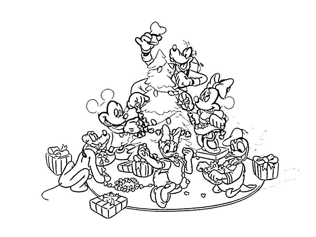 Название: Раскраска Микки и его друзья украшают елку. Категория: рождество. Теги: МиккиМаус, рождество.