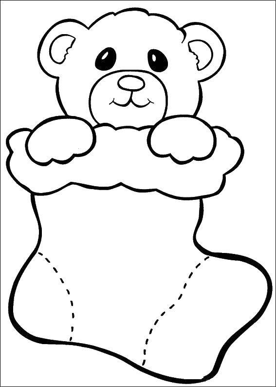 Coloring Bear in the sock. Category Christmas. Tags:  Christmas, Christmas toy, Christmas tree, gifts.