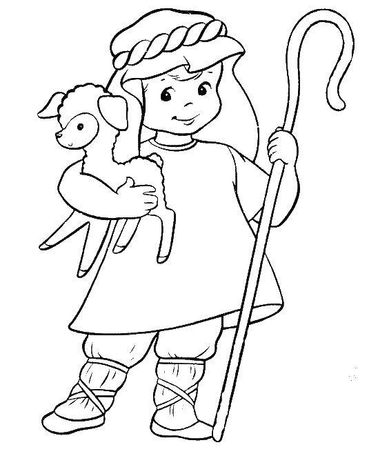 Coloring Shepherd with lamb and staff. Category the Bible. Tags:  shepherd, sheep.