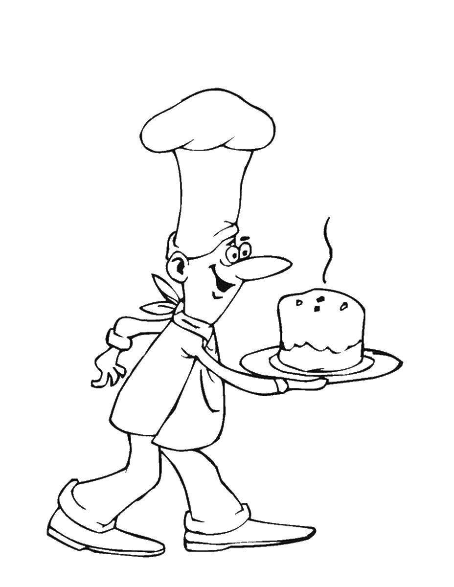Coloring Chef carrying a cake. Category Kitchen. Tags:  the cake.