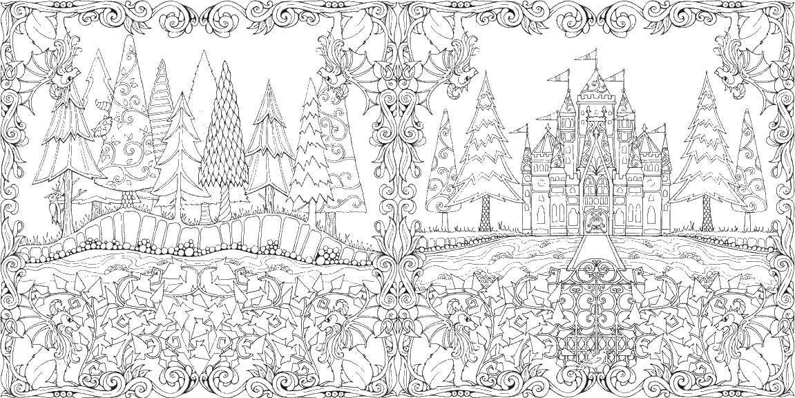 Coloring Coloring book-mystery. Category coloring antistress. Tags:  patterns, shapes, stress relief, castle, forest.