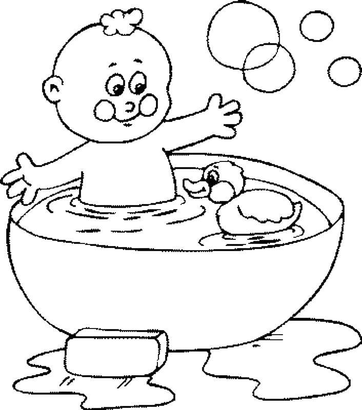 Название: Раскраска Ребенок купается с уткой. Категория: Ванная комната. Теги: мальчик, ребенок, утка.