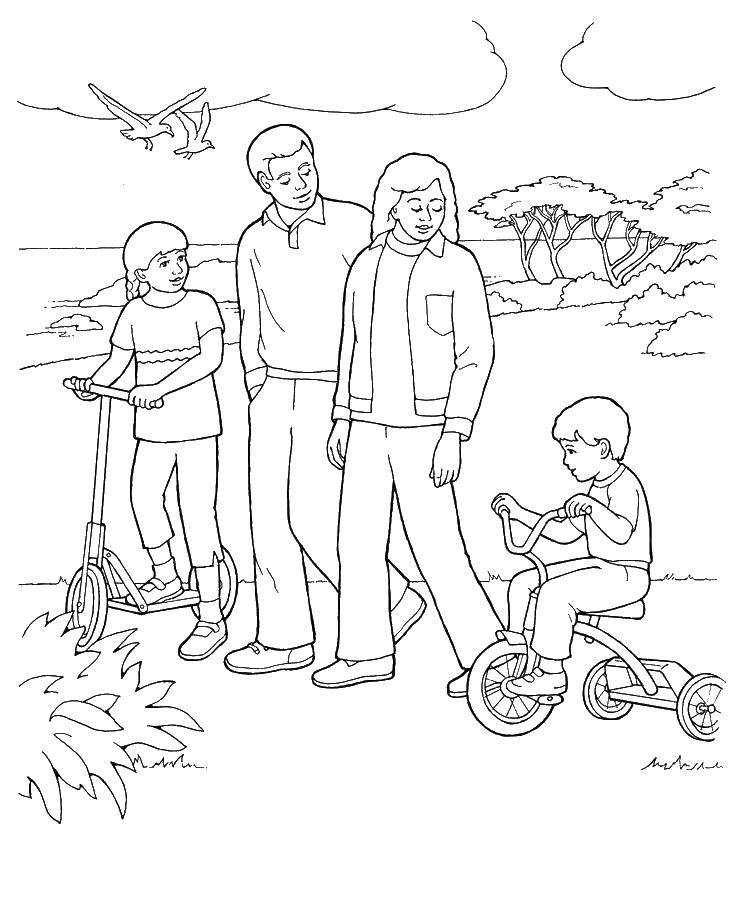 Название: Раскраска Родители и дети катаются на велосипеде. Категория: Члены семьи. Теги: Семья, дети.