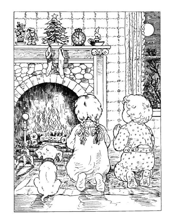 Coloring Christmas evening by the fireplace. Category Christmas. Tags:  Christmas, gifts.