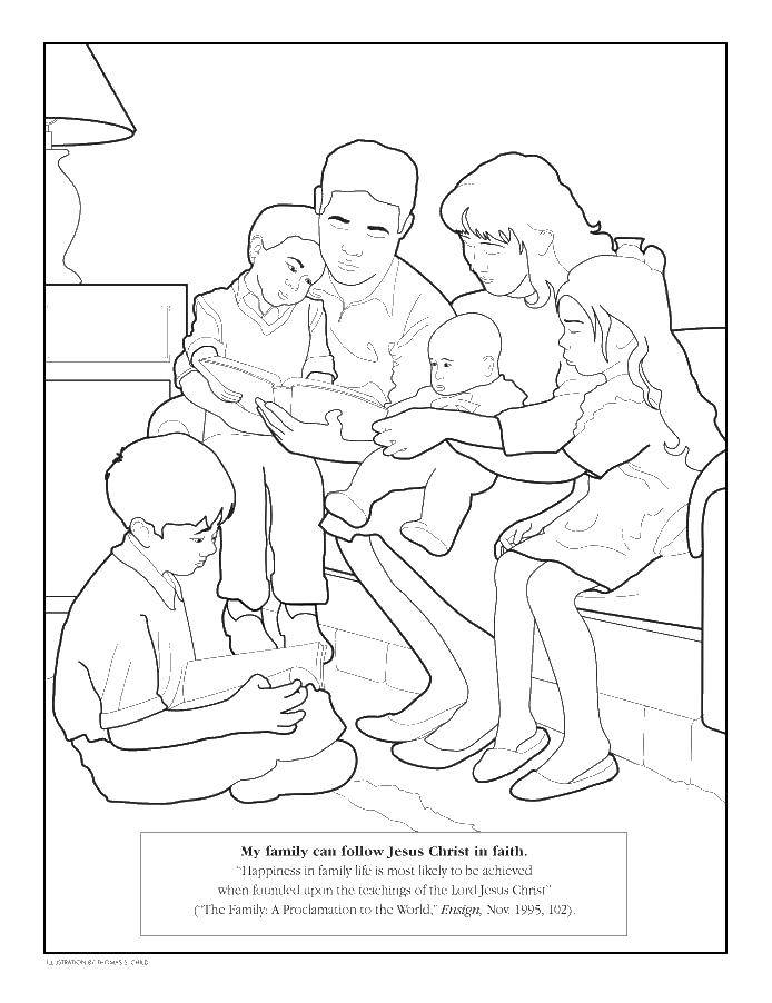 Название: Раскраска Семья читает книги. Категория: Члены семьи. Теги: Семья, дети.