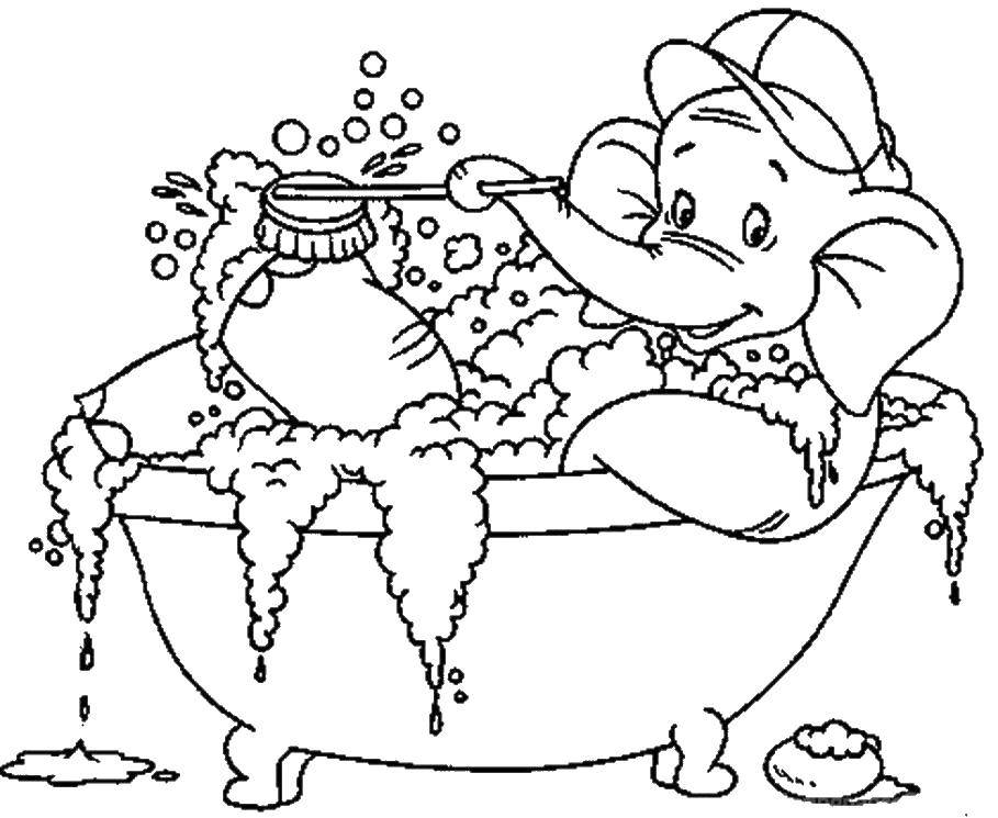 Название: Раскраска Слоненок купается в ванне. Категория: Ванная комната. Теги: слон, ванна.