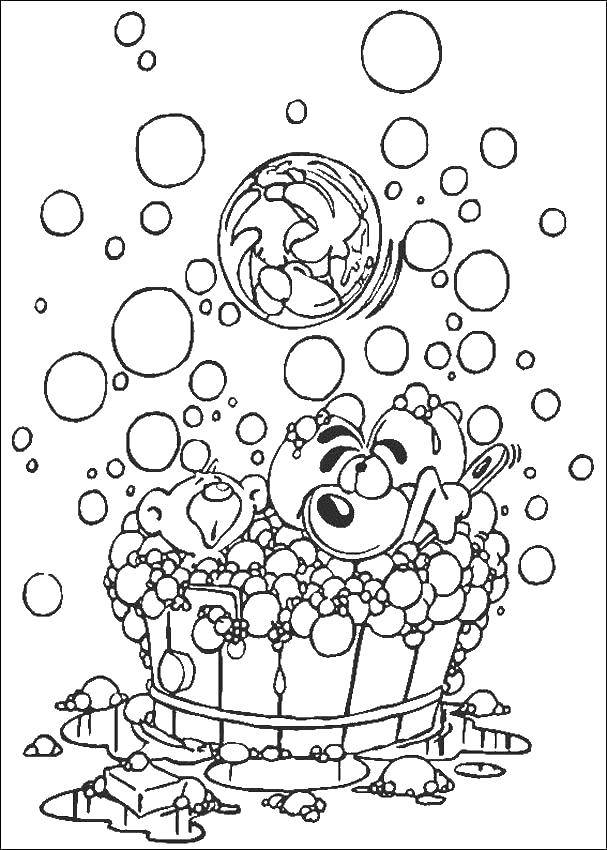 Название: Раскраска Собака с мишкой купается. Категория: Ванная комната. Теги: ванна, собака.