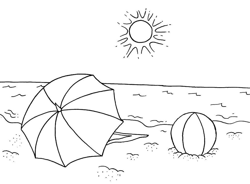 Название: Раскраска Солнце и пляжный зонт. Категория: Летние развлечения. Теги: Пляж, зонт, море, закат.