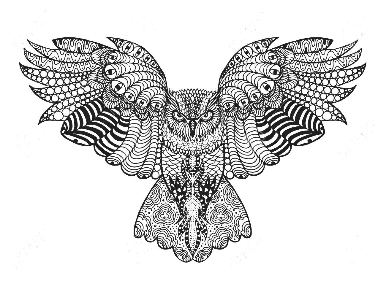 Coloring Owl patterns floating in the air. Category coloring antistress. Tags:  Pattern, animals, owl.