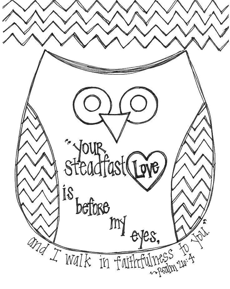 Coloring Owl with inscriptions of love. Category night birds. Tags:  owl, bird.