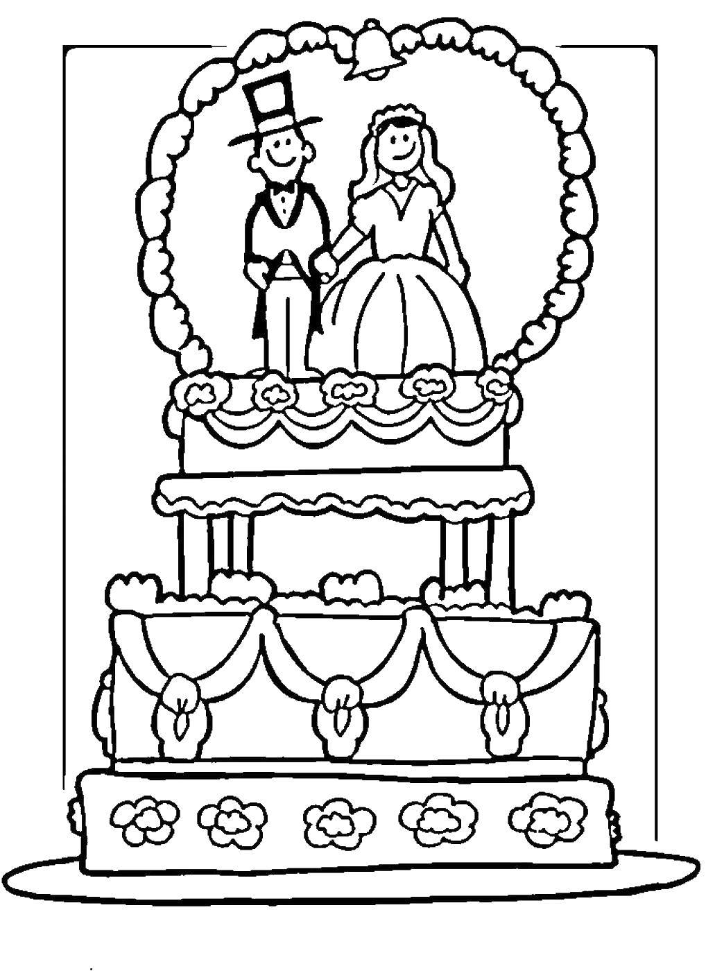 Название: Раскраска Свадебный вкусный торт. Категория: торты. Теги: Торт, еда, праздник.