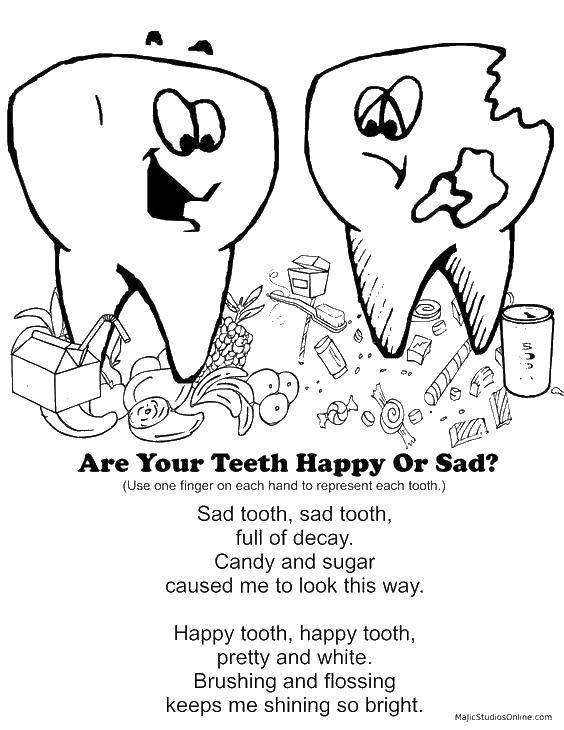 Название: Раскраска Твои зубы счастливы или грустны. Категория: Уход за зубами. Теги: зубы, английский, счастье, грустье.