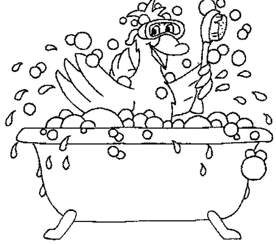 Название: Раскраска Утка купается в ванне. Категория: Ванная комната. Теги: ванна, пена, утка.