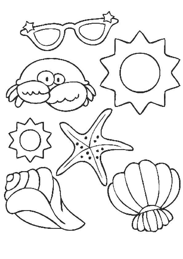 Опис: розмальовки  Морські атрибути. Категорія: морське. Теги:  море, вода, сонце, краб, окуляри, черепашки.