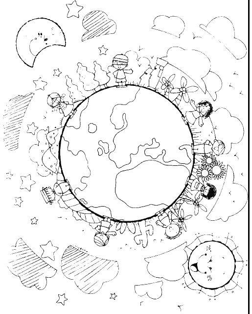 Опис: розмальовки  Планета, люди, атмосфера. Категорія: космос. Теги:  космос, планети, зірки, Земля, сонце, місяць, люди.