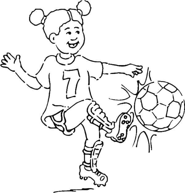 Название: Раскраска Девочка бьет по футбольному мячу. Категория: Футбол. Теги: Спорт, футбол, мяч, игра.